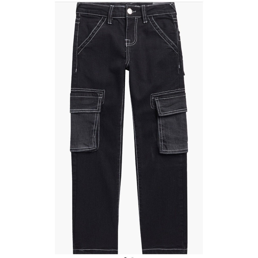True Religion Kids Black Cargo Pants White Contrast Stitch Denim Size 8 NWT